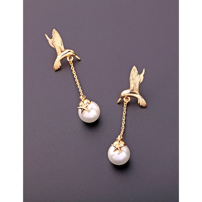 LRC Anting Tusuk Fashion Gold Bird Pearl Earrings f52096