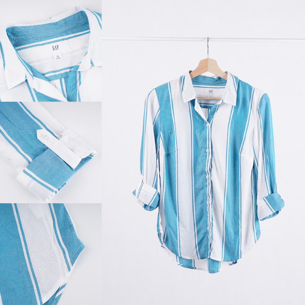 Kemeja Wanita - GAP Cotton Shirt Women Tosca Stripe Branded Original Murah Meriah Asli Paling Hits