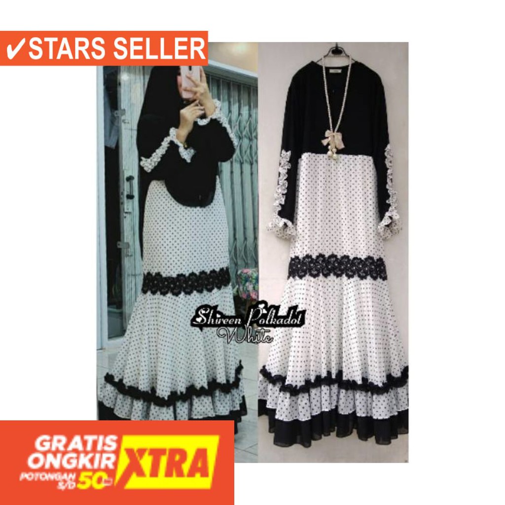 BUSANA MUSLIM PEREMPUAN FASHIONABLE CEWEK CANTIK / GAMIS MOTIF POLKA - SHIREEN POLKA BY ALDISA
