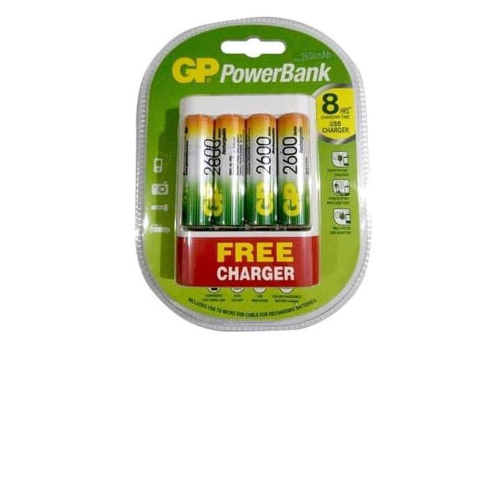 Terlaris Gp Powerbank Portable Usb Charger + 4 Battery Aa Rechargeable 2600 Mah