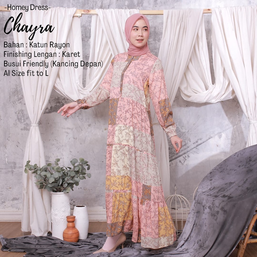 Gamis Dewasa-Homey Dress Motif Daun-Homey dress Chayra-Bahan Katun Rayon Premium-Gamis syari