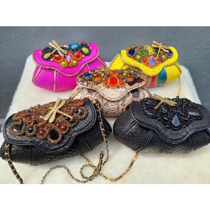 Cluth Pesta Sandra Size S -Clut Model Kerang Asli Tas Kulit Ular Piton - Tas Pesta Kulit