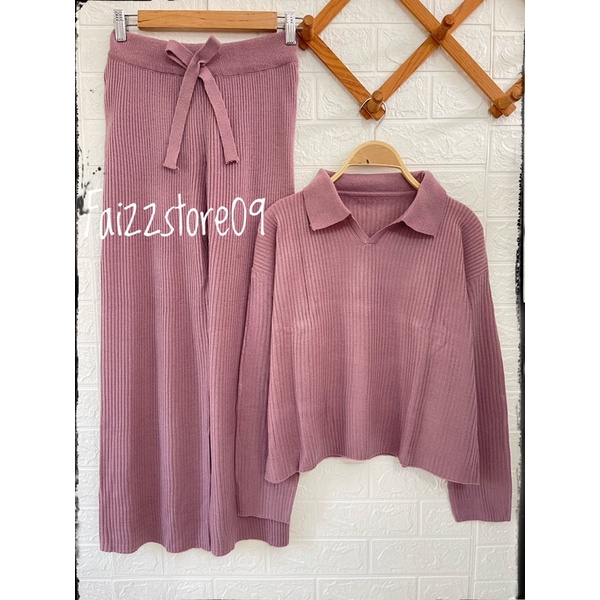 Miya One Set Polo Knit Setelan Atasan Celana Kulot Rajut Wanita