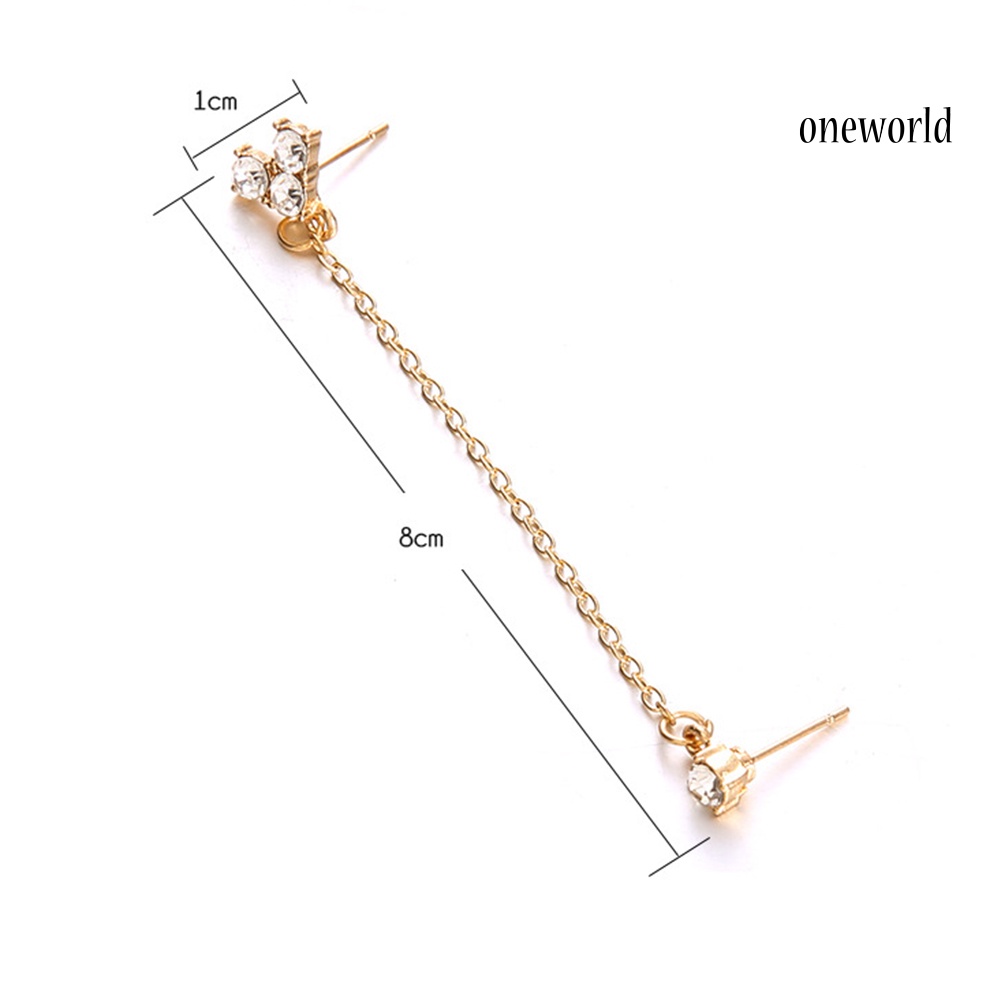 OW@ 1Pc Golden Tone Shiny Rhinestone Heart Double Ear Stud Chain Linked Earrings