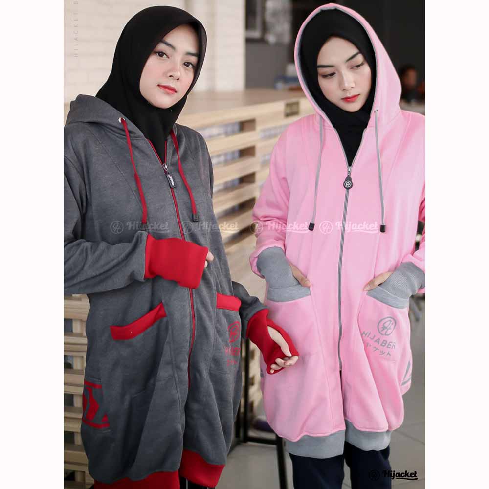 Jaket Jacket Hoodie Panjang Muslimah Wanita Cewek Jeket Hijaber Kekinian Abu Tua Pink Hijacket YK-1