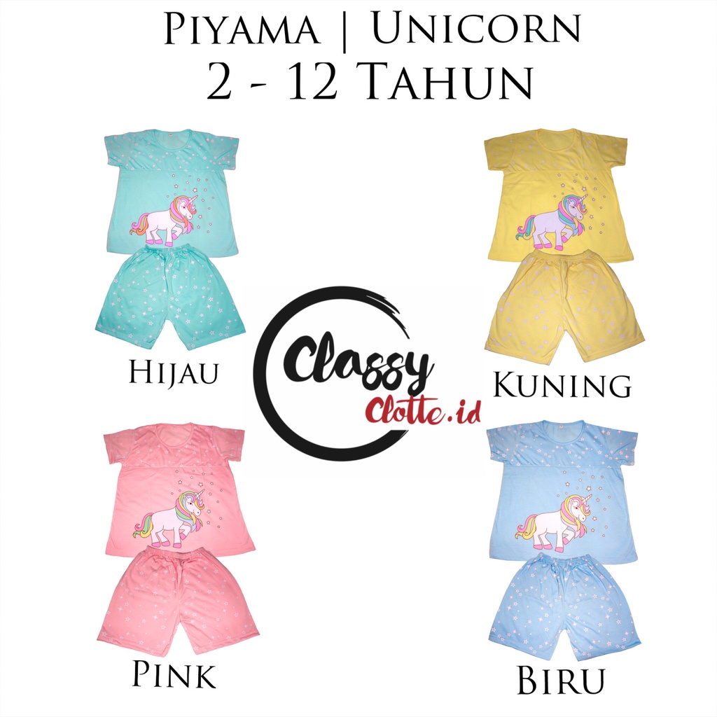 Baju Tidur Setelan Unicorn Anak Perempuan 2 - 12 Tahun | Celana Pendek dan Tangan Pendek