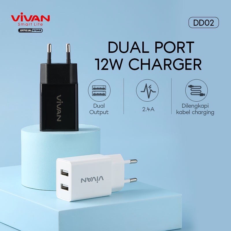 VIVAN  Adaptor Charger DD02 2.4A Dual USB Batok Charger 12W + Cable Micro 1M  Garansi 1th