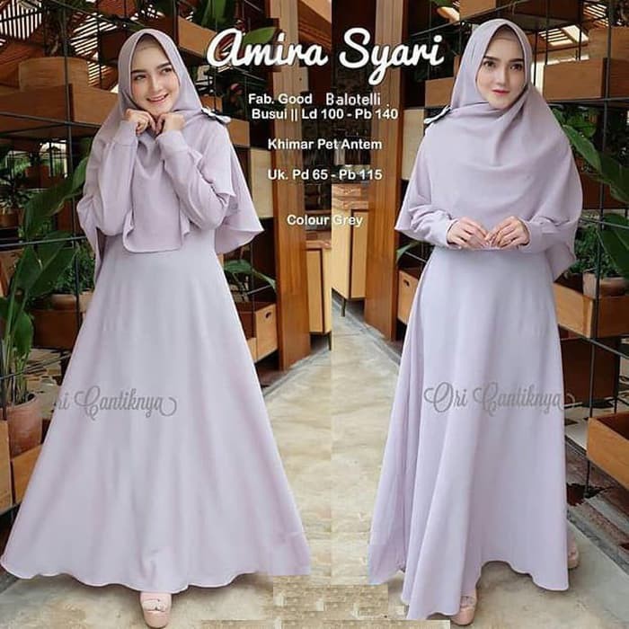 Gamis Syari Set Hijab - AMIRA SYARI Cantiknya - Abu-abu Muda
