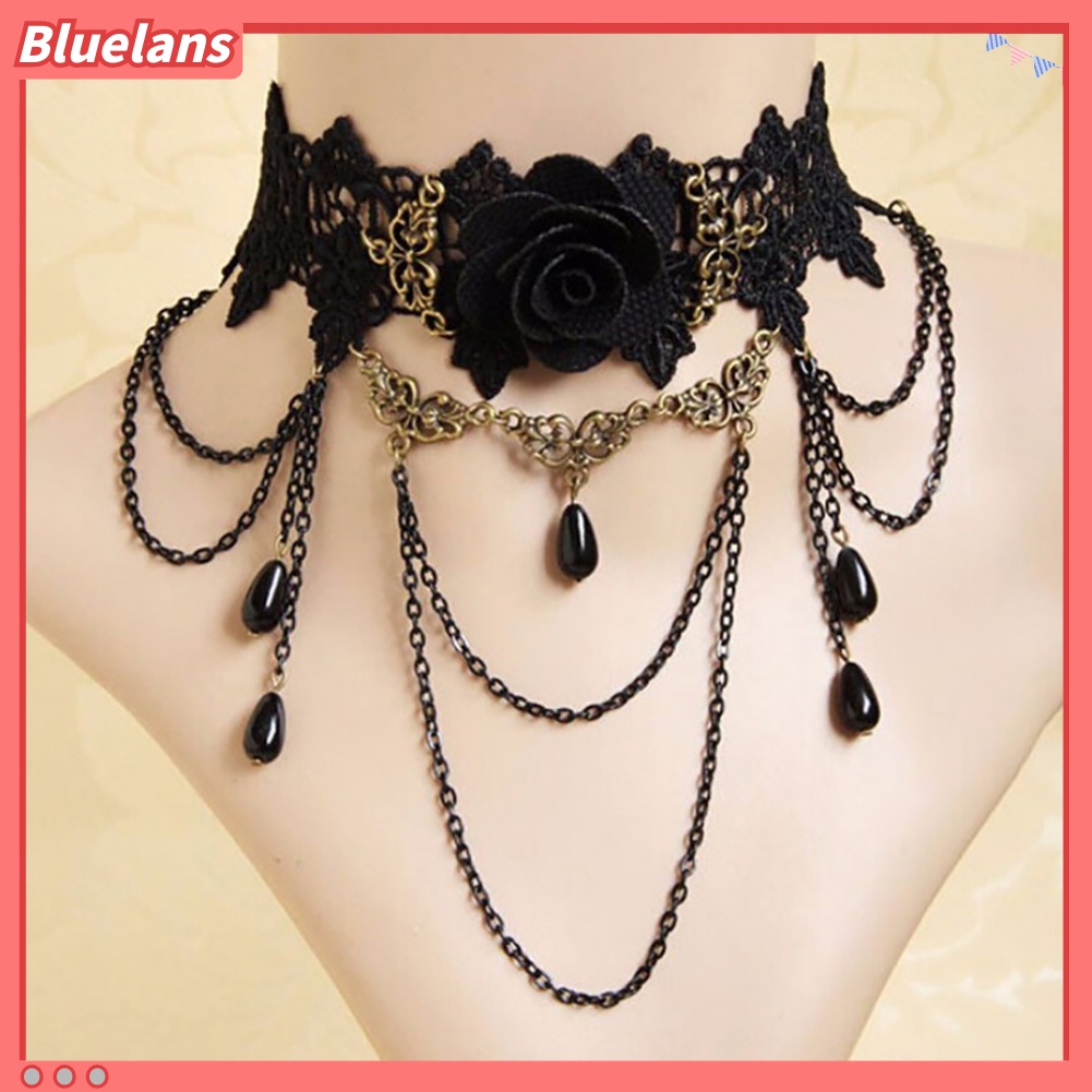 Bluelans Kalung Choker Rantai Liontin Bunga Mawar Bahan Lace Hollow Untuk Wanita