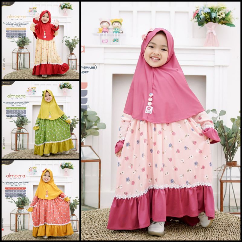Baju Gamis Syari Anak Perempuan Set Hijab Jilbab Bahan Rayon Motif Bunga Kecil 2 3 4 5 6 7 8 9 Tahun