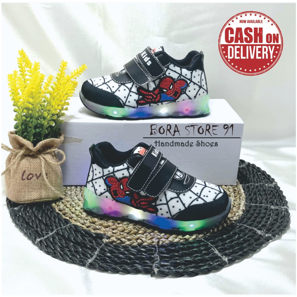 Sepatu sneaker lampu anak  led moti spider man terlaris bisa cod 1-5 thn