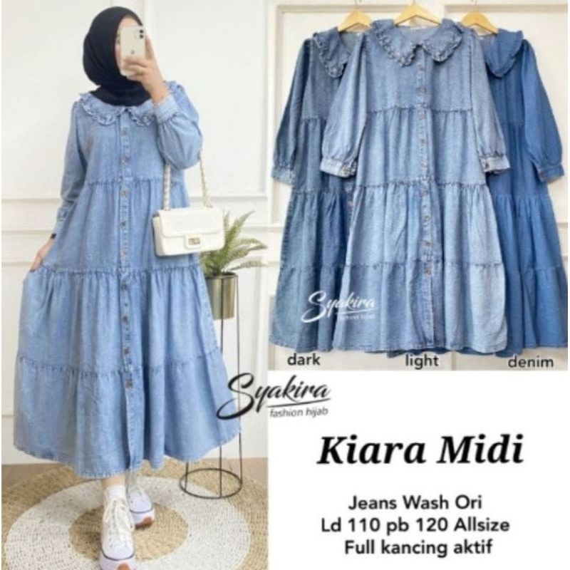 kiara midi dres jeans washed matrial jeans wash bahan lembut adem original  LD 110  PJ  120