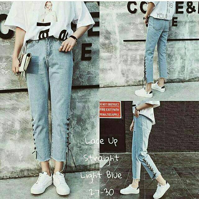 Lace up straight light jeans