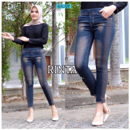 Rinta jeans aplikasi laser bawah rumbay bahan melar pinggang karet deep brown (CTA)