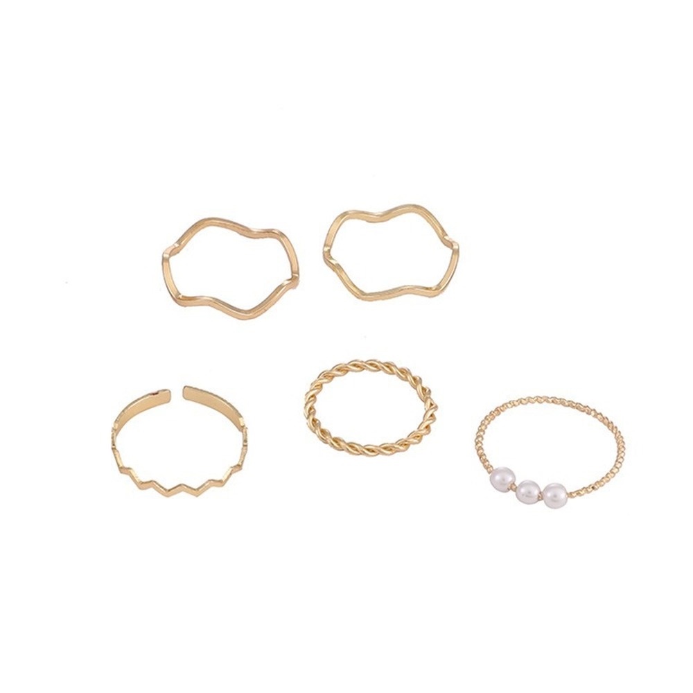 5pcs / Set Cincin Jari Bahan Metal Adjustable Desain Geometri Hias Mutiara Untuk Wanita