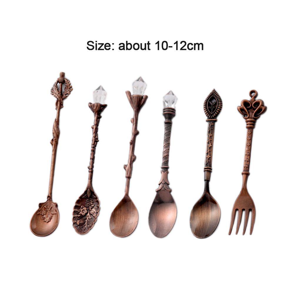 Solighter Vintage Sendok Garpu 6pcs Gold Ukir Reusable Untuk Makanan Ringan Kopi Garpu Dessert Buah