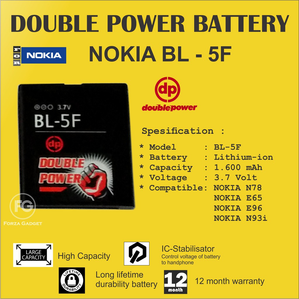 BATTERY DOUBLE POWER NOKIA BL5F untuk NOKIA N78 E65 E96 N93i 1600MAH