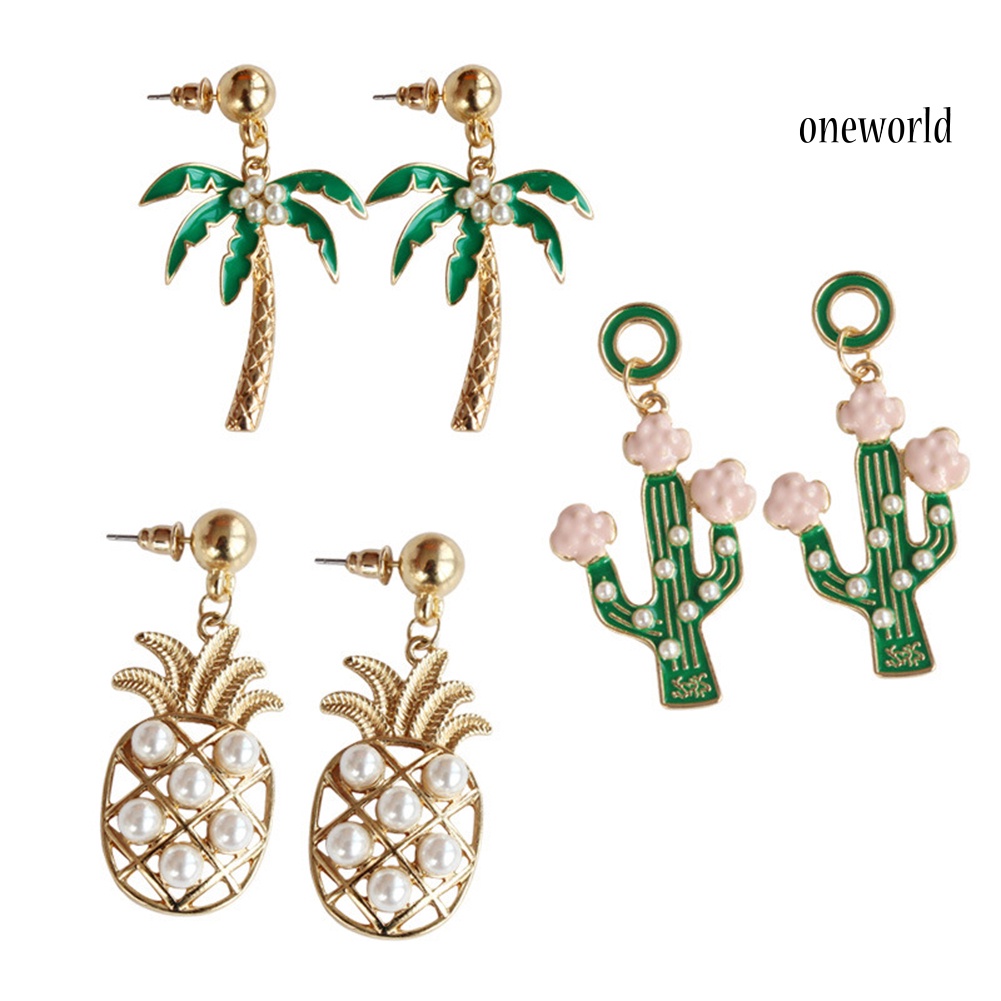 OW@ Cartoon Pineapple Coconut Tree Cactus Pendant Earrings Women Ear Studs Jewelry