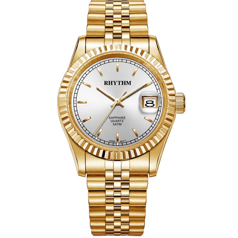 JAM TANGAN PRIA RHYTHM RQ1611 S11 RQ1611S11 ANALOG GOLD WHITE DIAL STAINLESS STRAP