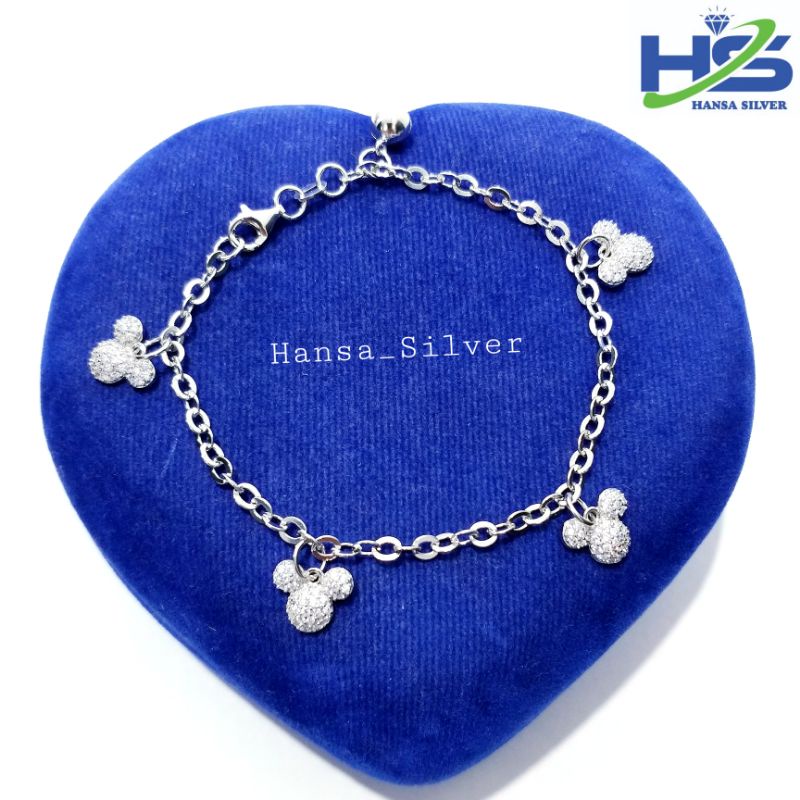 Gelang Dewasa Perak Asli Silver 925 Lapis Emas Putih Model Rantai Nori Gantungan Mickey Mouse - Pera