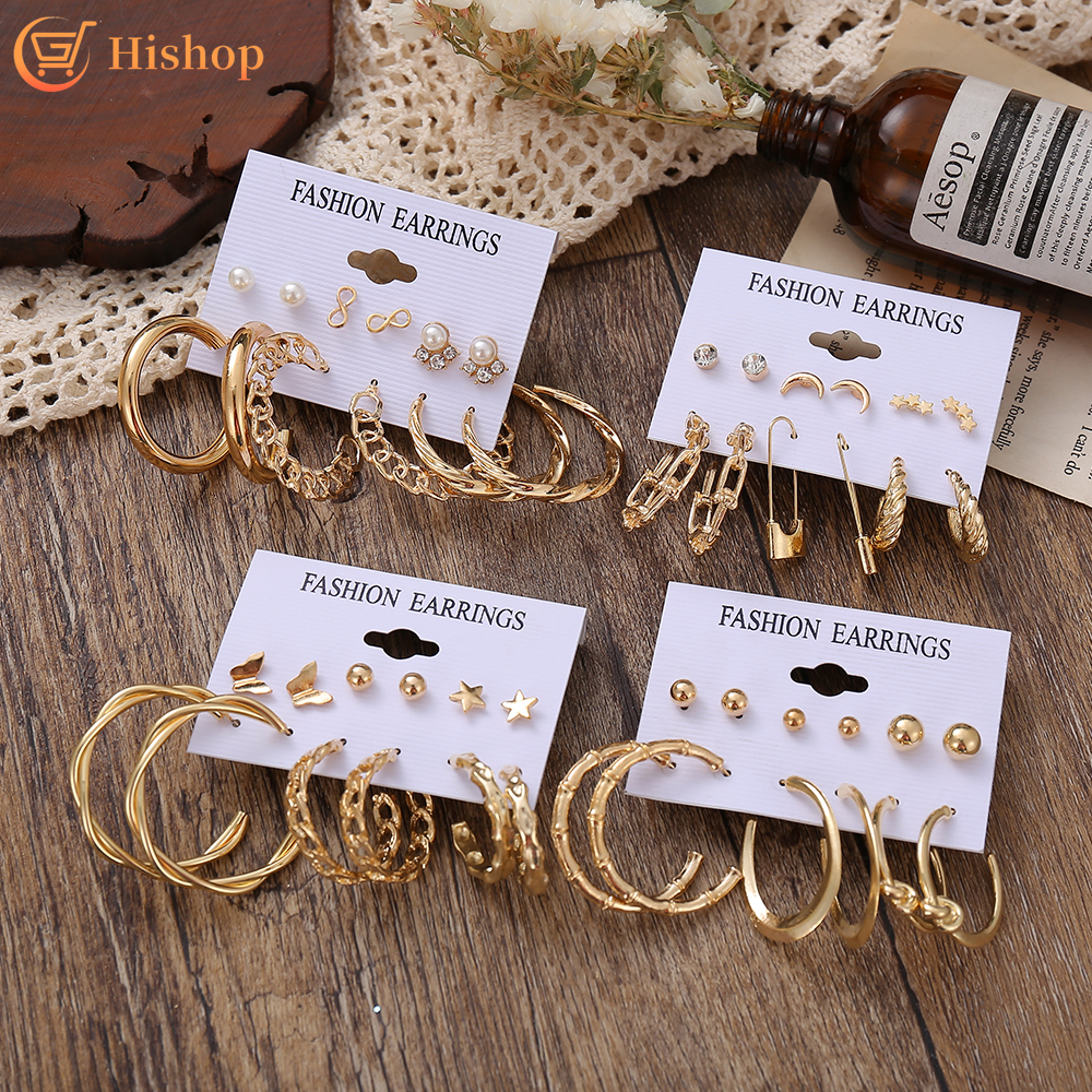 6 Pasang / Set Anting Stud Bentuk Kupu-Kupu Geometris Aksen Mutiara Kristal Untuk Hadiah