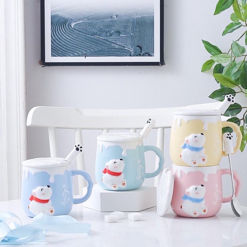 Mug Keramik Lucu Motif Snow Bear + Tutup