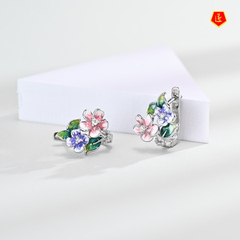 [Ready Stock]Flower Enamel Earrings Ring Set Elegant Necklace