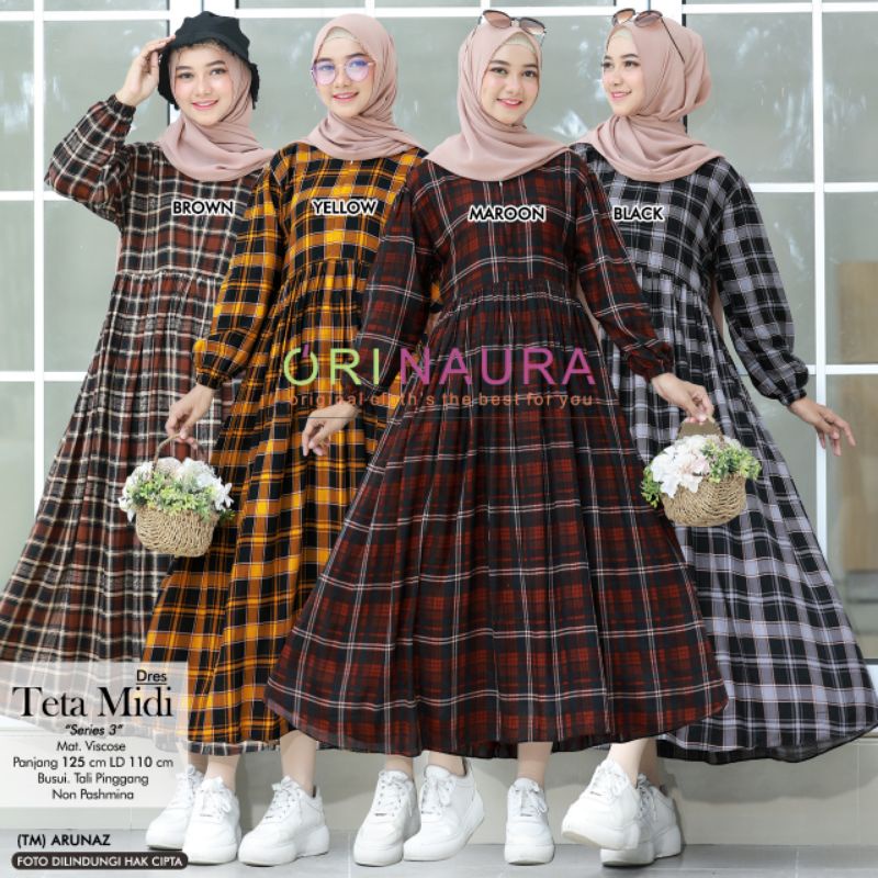 Gamis terbaru motif kotak bahan rayon viscose Teta ori Naura