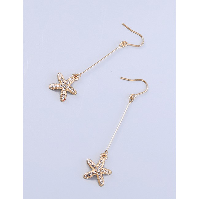 LRC Anting Gantung Fashion Long Starfish Alloy Diamond-studded Small Starfish Earrings F92087