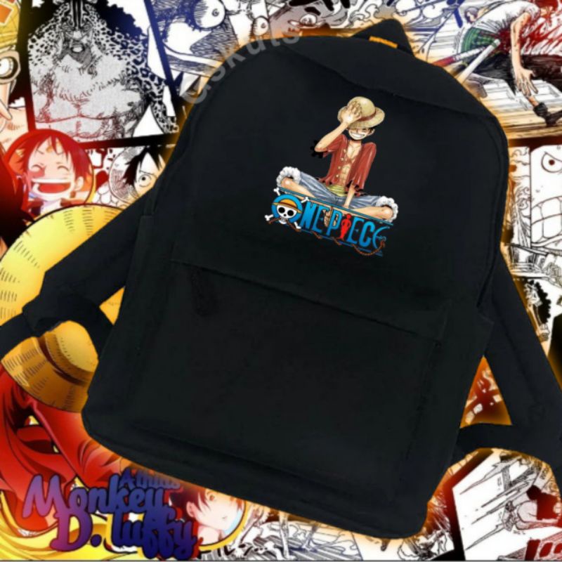 tas anime onepiece luffy, zoro, sanji karacter backpack/gendong hitam untuk sekolah dll