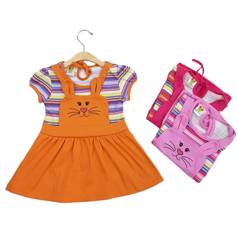 DRESS FASHION ANAK PEREMPUAN 1 TAHUN MOTIF CAT SALUR BORDIR ORANGE'S PINK FANTA