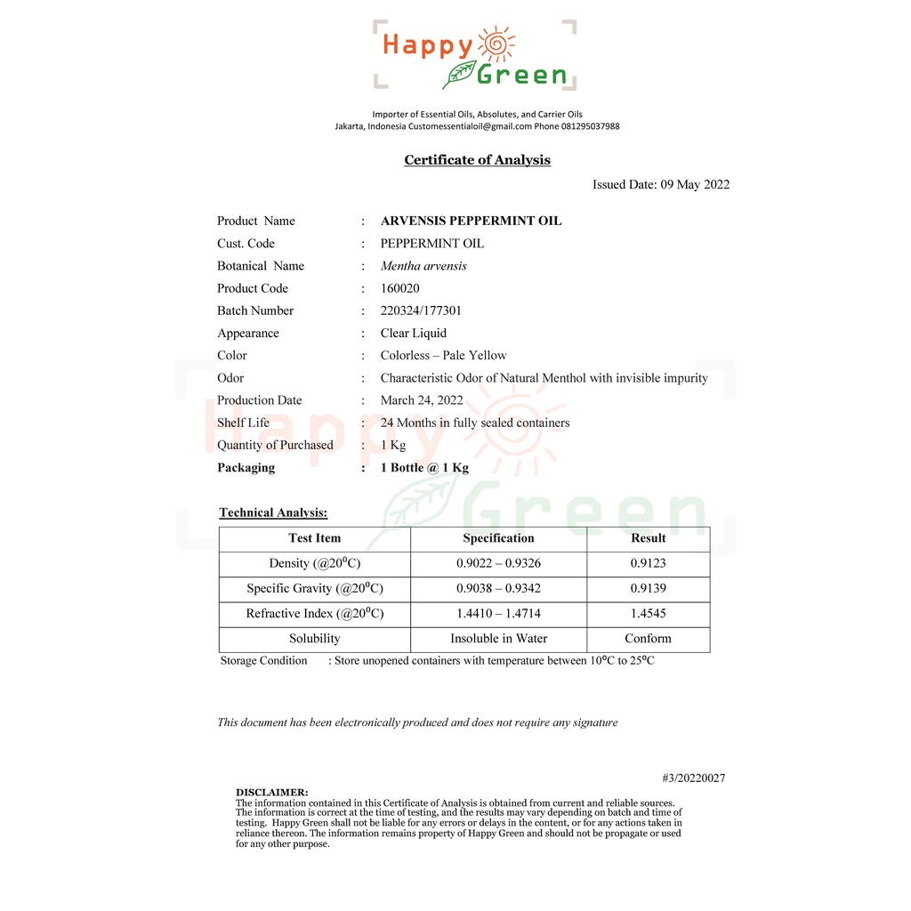 BPOM approved Happy Green Peppermint Essential Oil - 100% Murni