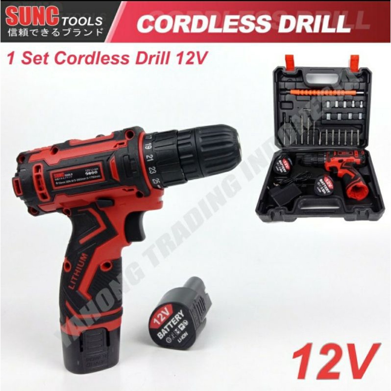 Bor cordless 12v merah 2batrei bor cordless sunc tools by JLD