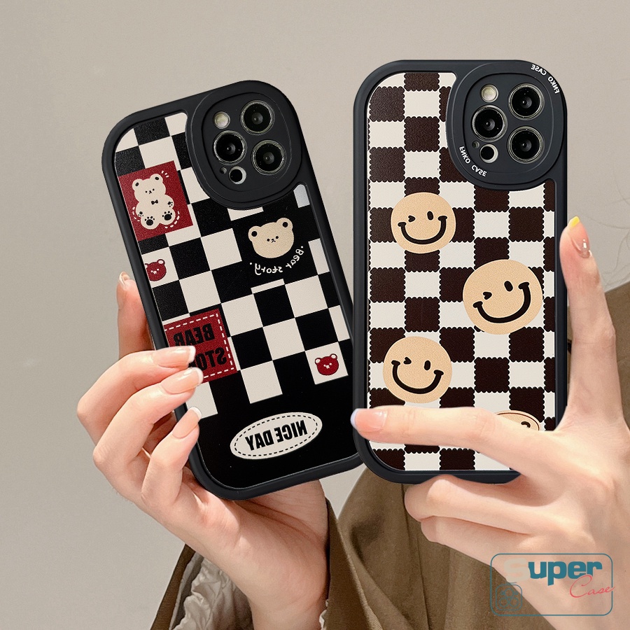 REDMI Case Motif Kotak-Kotak Smile Lucu Xiaomi POCO X3 Pro Redmi9 12C A1 9A 9T 10 10C 9C Note 10s 11s 8 9 9s 10 11 Pro Mi POCO F4 M3 X3 NFC Kartun Beruang Smiley Kotak-Kotak Soft TPU Cover