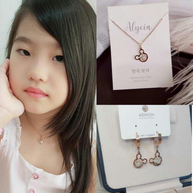 set acc anak anti karat kalung dan anting mickey titanium