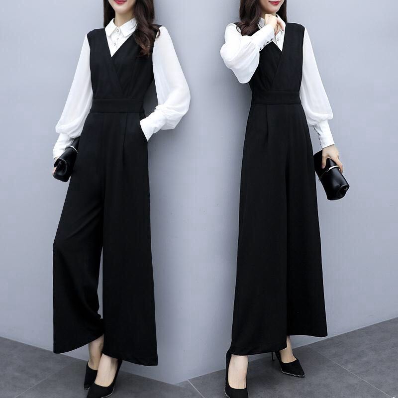 black jumpsuit with white shirt