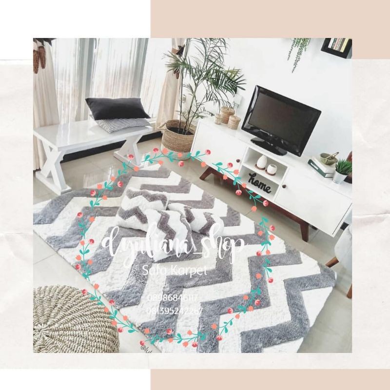 KARPET CEVRON ABU PUTIH STANDARSET BANTAL 2 GULING 1, 3cm, Surpet, karpet bulu, karpet empuk