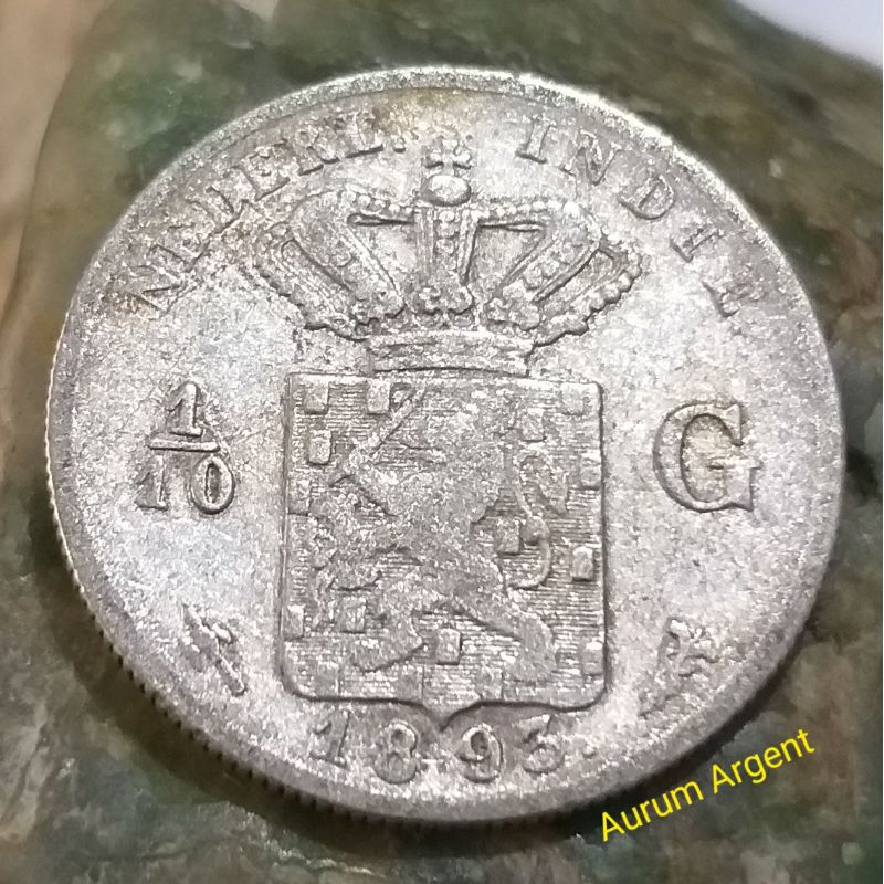 SC.12-- 1 PC KOIN PERAK KUNO ASLI 1/10 GULDEN NEDERL INDIE TH 1893. -- SILVER COIN --