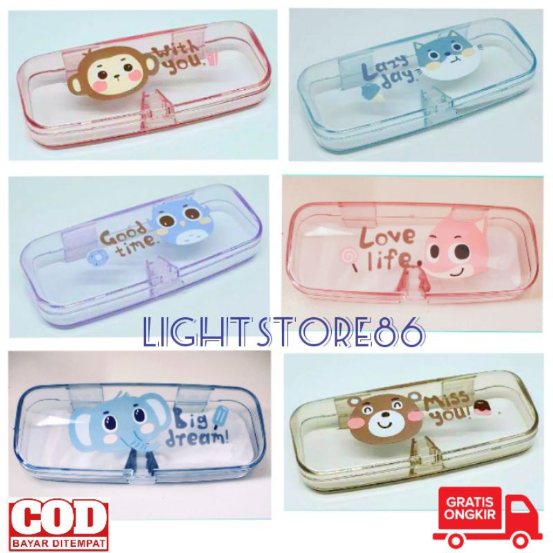 Tempat Case Kotak Kacamata Cover Glass Plastik Transparan Motif Kartun Hewan