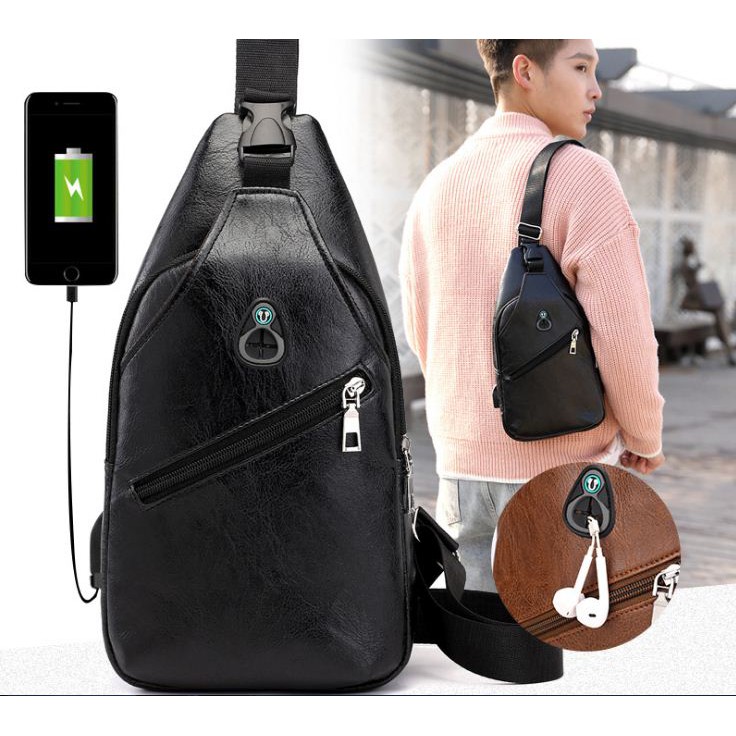 Tas Selempang Pria Kulit Import USB Port Chest bag Sling Bag