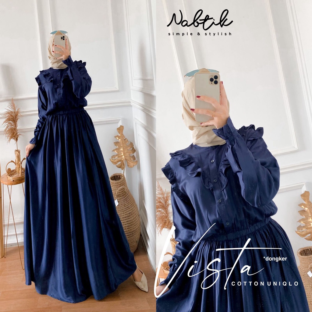 VISTA DRESS GAMIS ORI NABTIK POLOS LD. 110CM PB. 140CM BAHAN COTTON UNIQLO KANCING DEPAN (TRZ)