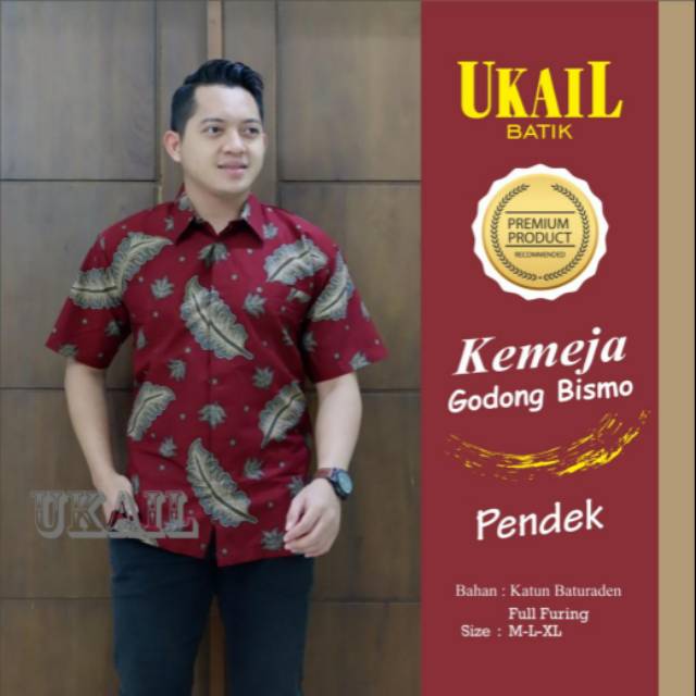 Kemeja Batik Lengan Pendek Warna Merah Batik Lapis Furing Batik GODONG BISMO PENDEK