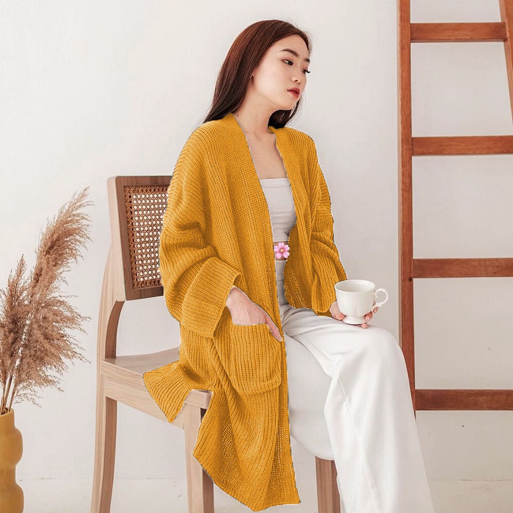 LONG CARDIGAN RAJUT TEBAL OVERSIZED MAGRA-MUSTARD