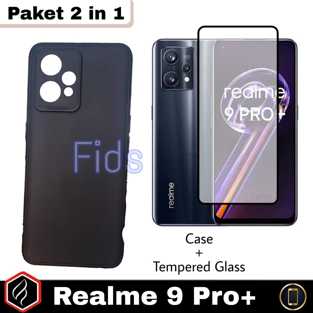 Paket 2 in 1 Case REALME 9 Pro Plus Softcase Black Matte Free Anti Gores Layar Kaca | Casing Premium Slim Exellent Cover | Soft Matte | Soft Case Macaron