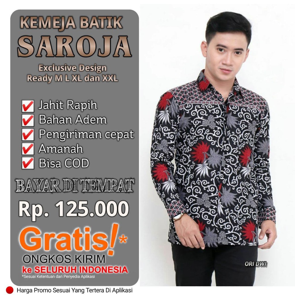 SAROJA BATIK Kemeja Lengan Panjang Kemeja Batik Seragam Kantor  Motif Kembang Langit