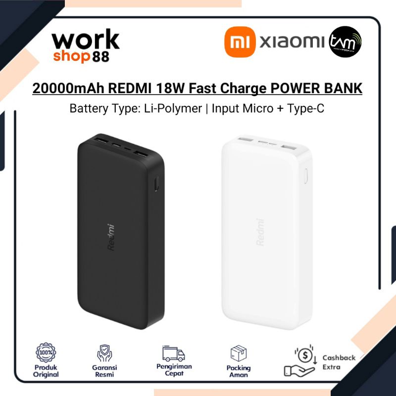 Baru Xiaomi Redmi 20000 mAh Power bank - New Original Garansi Resmi 1 Tahun - Input Type C & Micro U