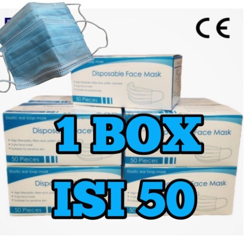 Masker 3 Ply Masker Earloop 1 Box 50Pcs Face Mask Disposable Mask Murah Premium Higienis