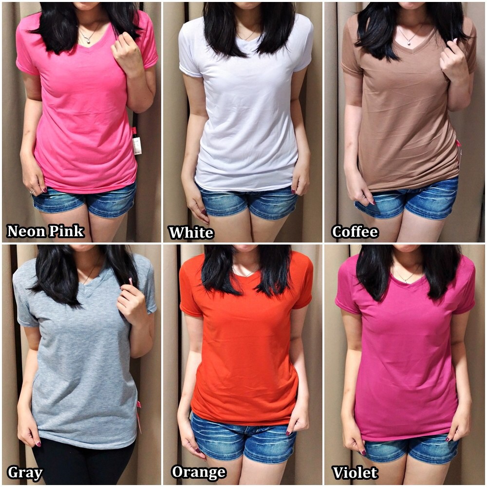 Bess - Kaos Basic V-neck Polos Wanita/ Kaos Lengan Pendek Leher V