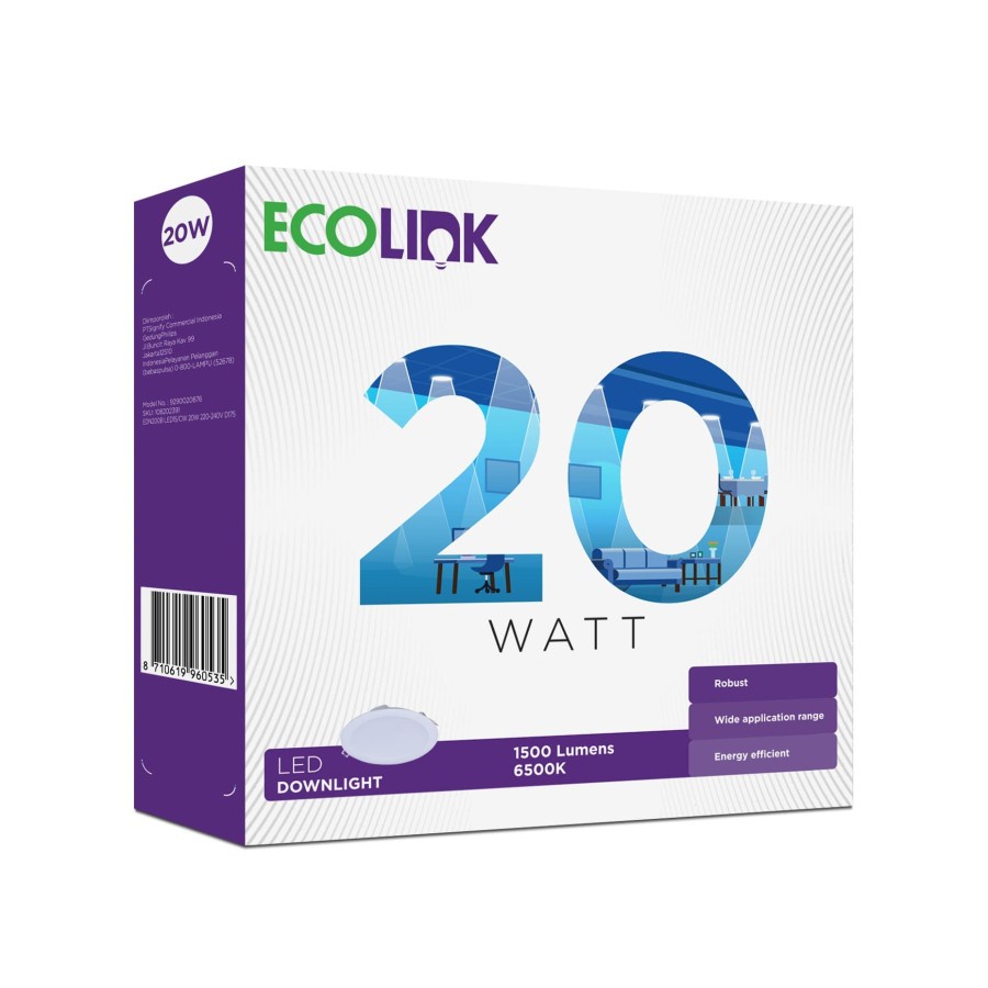 PROMO Lampu Downlight LED Ecolink 20W 20 Watt EDN020B Panel Light Hias Ib 7 inch D175 Ac 220v SNI Original  - Cool White (Putih)