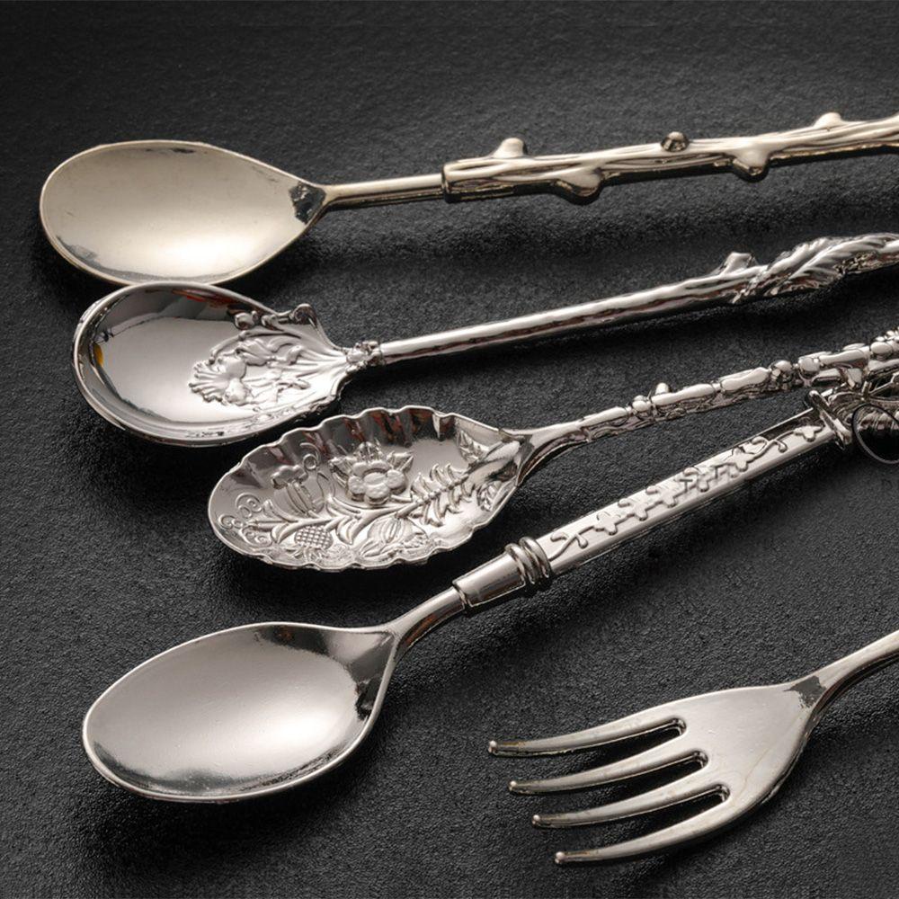 Preva Vintage Sendok Garpu Alat Dapur Ukir Emas Reusable Untuk Kopi Makanan Ringan Buah Dessert Fork